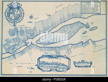N/A. Englisch: Die amtliche Karte von Québec City region, 1709, von der Bibliothèque et Archives nationales du Québec (Bnq) Français: Carte du Gouvernement de Québec levée de l'année 1709 par les ordres de Monseigneur le Comte de Ponchartrain commandeur des ordres du Roy ministre et Sécretaire d'estat/par le sen. Catalogne Leutnant des troupes; et dressée par Jean Bte Decoüagne. 1709. Gédéon de Catalogne 262 Av Karte von Quebec City region, 1709 Stockfoto