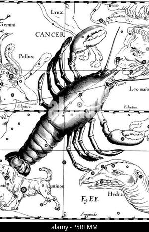 N/A. Die en: Krebs Constellation aus Uranographia von Johannes Hevelius. Die Aussicht ist gespiegelt in der Tradition der Himmelsgloben, zeigt die Himmelskugel in einer Ansicht von "außen". 1690. Johannes Hevelius 266 Krebs Hevelius Stockfoto