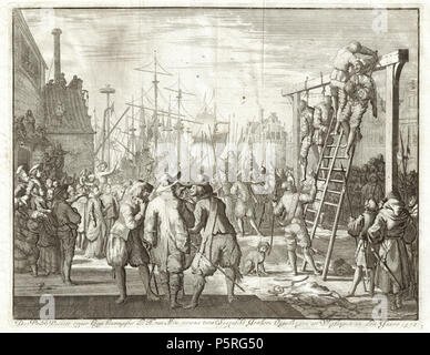 N/A. Don Pedro Pacieco opper krygs Bouwmeester des H van Alva, nevens twee Spaensche Jonkers Opgehangen tot Vlissingen in der Höhle Jaare 1572; Scan: 27,5 x 35 cm. 1690. Luyken, Jan 17 1572 Terechtstelling Don Pacieco te Vlissingen Stockfoto