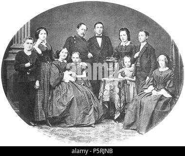 N/A. Englisch: Family Portrait von w:de:Ferdinand von Bültzingslöwen, von Links nach Rechts: Henry (Sohn, 1848-1870) Emilie (Emma) (Tochter, * 1842), Emilie, geb. Lange (Frau, 1815-1896) Mathilde (Tochter, 1852-1926), Mutter von Paula Modersohn-Becker Ferdinand von Bültzingslöwen Günther (der älteste Sohn, 1839-1889) Pauline (Paula) (Tochter, 1840-1901) Hermine (Herma) (Tochter, 1855-1940) Wulf (Sohn, 1847-1907) Caroline (Tante Linchen), Schwester. um 1860. Unbekannt 248 Bueltzingsloewen 1860 Stockfoto