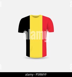 Männer T-Shirt Symbol und Belgien Flagge Hintergrund. Round Neck Jersey Hintergrund. Vorderansicht. Schatten und Highlights Mock-up Vorlagen. Weiße Trikot mock up t Stock Vektor
