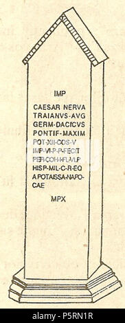 N/A. Englisch :milliarium von Aiton, ein römischer Meilenstein in Aiton Gemeinde entdeckt, in der Nähe von Cluj-Napoca, Rumänien, Reproduktion von einer Zeichnung von M. S. Szatmary 1758 getan. Der Meilenstein, ist dating von 108 AD und zeigt den Bau der Straße aus Potaissa zu Napoca, durch die Nachfrage der Kaiser Trajan. Es gibt die Entfernung von 10 tausend Füße (UHR X.), potaissa. Es ist die erste epigraphische Bescheinigung aus den Siedlungen Potaissa und Napoca in römischen Dacia. Die vollständige Inschrift: "Imp(Erator)/Caesar Nerva Traianus/Aug (Ustus)/Keim (anicus) Dacicus/pontif (ex) Maxim (us)/(sic) pot Stockfoto