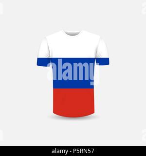 Männer T-Shirt Symbol und Russland Flagge Hintergrund. Round Neck Jersey Hintergrund. Vorderansicht. Schatten und Highlights Mock-up Vorlagen. Weiße Trikot mock up te Stock Vektor