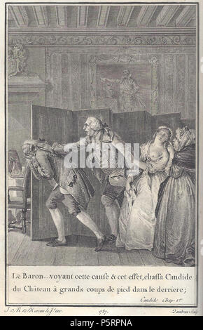 N/A. English: Jean-Michel Moreau: Abbildung Kapitel 1 der Novelle Candide und Edition der Gesamtwerke nichtsnutzige Kehl, 1787. 1787. Jean-Michel Moreau; Jean B. Dambrun Zeichner, Stecher 267 Candide Moreau a I Stockfoto