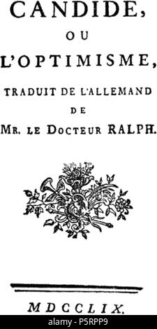 N/A. Dies war ein frontispiz von Voltaires Candide oder der Optimismus. Dort heißt es "Candide oder der Optimismus. Aus dem Deutschen übersetzt von Dr. Ralph.". 1759. Voltaire (1694 - 1778) Alternative Namen François-Marie Arouet Beschreibung der französische Philosoph, Dichter, Historiker, Essayist, Dramatiker und autobiographer Datum der Geburt / Tod am 21. November 1694 vom 30. Mai 1778 Ort der Geburt / Todes Paris Paris des 18. Jahrhunderts Authority control: Q9068VIAF: 36925746 ISNI: 0000 0001 2128 0652 ULAN: 500354532 80126267 LCCN: n NLA: 35153427 WorldCat 267 Candide 1759 Stockfoto