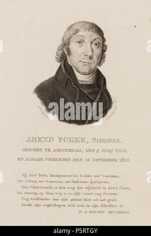 N/A. Deutsch: Beschreibung Arend Simonsz Fokke (04-07-1755 / 15-11-1812) Boekverkoper en dichter te Amsterdam. Afmetingen: 219 x 139 mm. (Blad) Documenttype prent Vervaardiger Caspari, Hendrik Willem (1770-1829) Walraad Nieuwhoff, S. (1790-1837) Collectie Collectie Stadsarchief Amsterdam: tekeningen en prenten Datering 1813 Ca. Geportretteerde Fokke Simonsz, A. Inventarissen Http://archief.amsterdam/archief/10097/010097008448 Afbeeldingsbestand 010097008448. ca. 1813. Caspari, Hendrik Willem (1770-1829) 280 Caspari, Hendrik Willem (1770-1829), Afb 010097008448 Stockfoto