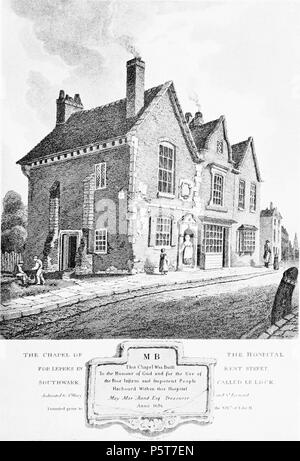 N/A. Kapelle des Hospital für die Leprakranken in Kent Street, Southwark, genannt Le Sperren. Abbildung aus dem mittelalterlichen London durch Sir Walter Besant, 1906 veröffentlicht. Mehr Infos hier. 1813. C. John M. Whichelo 324 Kapelle des Hospital für die Leprakranken in Kent Street, Southwark, genannt Le Lock, 1813 Stockfoto