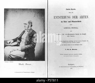 N/A. English: Titelblatt der ersten Ausgabe des Werkes von Charles Darwin: Die entsteheung der Arten in der deutschen Übersetzung von H. G. Bronn; auf der on the left side Seite ein Foto von Darwin mit der Signierung' Buchner'. Carl Buchner machte in Wirklichkeit nur die Reproduktion des Originalfots von Maull & Fuchs. 1863; original Foto: 1854. original Foto: Maull & Fox diese Kopie Carl Buchner (1821-1918) Alternative Namen Carl Johann Sigmund Buchner Beschreibung deutscher Maler und Fotograf Geburtsdatum / Tod 13. Juni 1821 vom 4. Februar 1918 Ort der Geburt / Todes Nürnberg Stuttgart Stockfoto