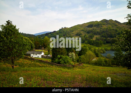 Bauernhaus und die umliegende Landschaft an loughrigg fiel und loughrigg Tarn in der Nähe von Ambleside lake district, Cumbria England Großbritannien Stockfoto