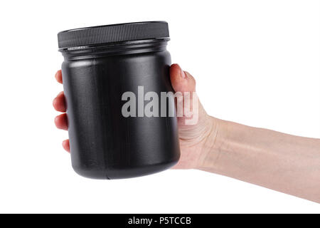 Kunststoff kann in der Hand isoliert auf dem weißen Hintergrund Stockfoto