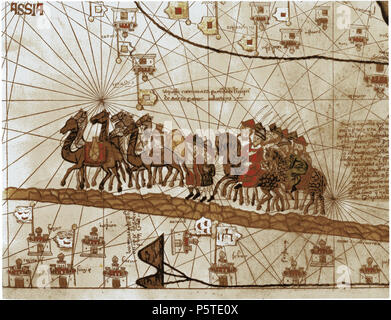 N/A. Français: La Caravane de Marco Polo voyageant vers Les Indes. 1375. Abraham Cresques, Atlas Katalanisch 270 Caravane Marco Polo Stockfoto