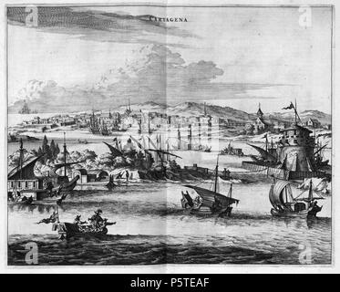 N/A. Nederlands: Cartagena de Indias, Kolumbien (Ca. 1600). 1671. Steyler Montanus. Original uploader war Jan Arkesteijn bei nl. 278 Cartagena Kolumbien ca1600 Stockfoto