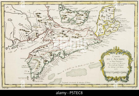 N/A. Englisch: Französisch Karte von w: Acadia (Nova Scotia) Français: Carte de l'Acadie. 6. Juni 2009 (Datum des Uploads). Jacques-Nicolas Bellin (Paris 1703 - Versailles 1772) 278 Carte de l'Accadie et Pais Voisins 1757 Stockfoto