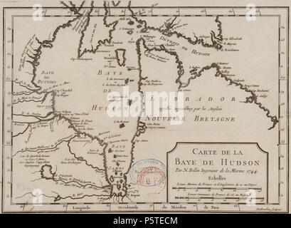 N/A. Français: Carte de la Baie d'Hudson donnée en 1744 par le cartographe de la Marine française Nicolas Bellin. 1744. Jacques-Nicolas Bellin (1703-1772) 278 Carte de la Baie d'Hudson en 1744 Stockfoto