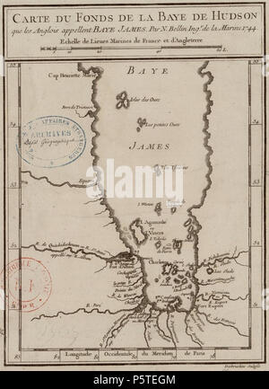 N/A. Français: Carte de la baie James, Au Fond de la Baie d'Hudson, dressée en 1744 par le cartographe de la Marine Nicolas Bellin. 1744. Jacques-Nicolas Bellin (1703-1772) 279 Carte du Fond de la Baie d'Hudson en 1744 Stockfoto