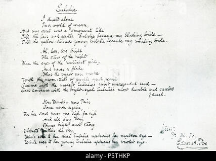 N/A. Manuskript "eulalie" von Edgar Allan Poe. Poe's Signatur erscheint in der unteren rechten Ecke. Originalmanuskript Termine bis 1845.. Edgar Allan Poe (1809 - 1849) Alternative Namen Poe Beschreibung amerikanische Dichter, Schriftsteller, Essayist, Literaturkritiker, Dramatiker und Journalist Geburtsdatum / Tod 19 Januar 1809 vom 7. Oktober 1849 Ort der Geburt / Tod in Boston, Massachusetts Baltimore Authority control: Q 16867 VIAF: 60351476 ISNI: 0000 0001 2135 4025 ULAN: 500212765 LCCN: n 79029745 NARA: 10582268 WorldCat 535 Eulalie - Manuskript Stockfoto