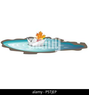 Papier Boot mit einem gefallenen Maple Leaf in einer Pfütze schwimmt. Symbole der Herbst auf weißem Hintergrund. Vektor cartoon Close-up Abbildung. Stock Vektor