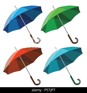 Set aus bunten Sonnenschirmen auf weißem Hintergrund. Vektor cartoon Close-up Abbildung. Stock Vektor