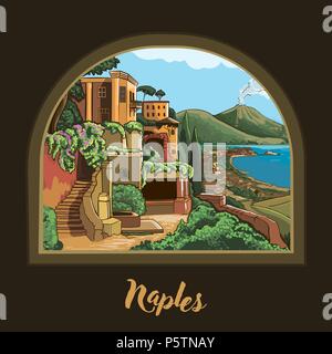 Neapel, Kampanien, Italien. Vector Illustration. Blick aus dem Fenster auf den Vulkan Vizuvius in Neapel. Nachahmung der Malerei in Vektor Stock Vektor
