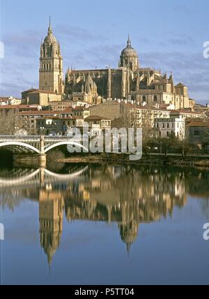 CATEDRAL DE SALAMANCA CON EL PUENTE NUEVO SOBRE EL RIO TORMES. Lage: Catedral Nueva/VIEJA, SPANIEN. Stockfoto