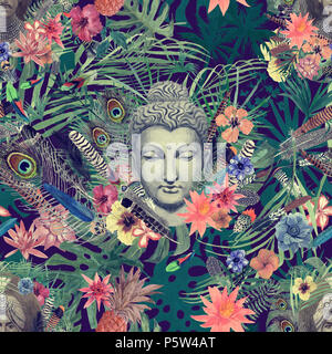 Nahtlose Hand gezeichnet Aquarell Muster mit Buddha Kopf, Maharadschas, Blumen, Federn, Palmen. Stockfoto