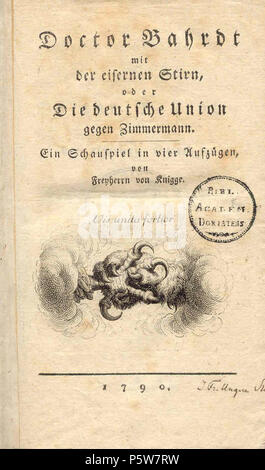 N/A. English: Titelblatt August von Kotzebue: Br. Bahrdt... 1790. 1790. August von Kotzebue (1761 - 1819) Beschreibung Deutsche Schriftsteller, Dramatiker, Dichter und Jurist Geburtsdatum / Tod vom 3. Mai 1761 23. März 1819 Lage der Geburt / Tod Weimar Mannheim Authority control: Q 57242 VIAF: 14771963 ISNI: 0000 0000 8076 4115 50000570 LCCN: n NLA: 35280877 MusicBrainz: 014 d3c1-a-57 a 4-49 cb-Bcf 9-2 c8a61 C25 C70 WorldCat 471 Drbahrdt kotzebue Stockfoto