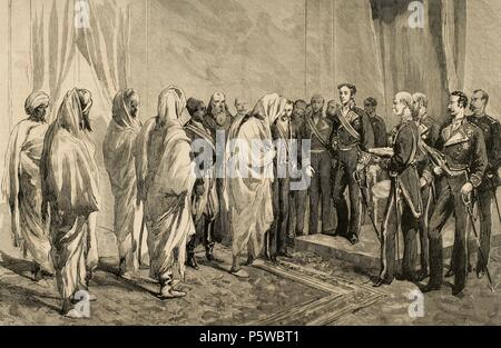 Alphonse XII (1857-1885). König von Spanien. Alphonse XII empfängt die Glückwünsche der marokkanischen Botschaft. Ceuta. März 20, 1877. Kupferstich von Arturo Carretero (1852-1903). Die spanische und amerikanische Illustration, 1877. Stockfoto