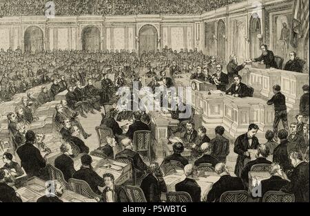 In den Vereinigten Staaten. Washington. Vorsitz von Rutherford Hayes (1822-1893). Sitzung des Nationalen Kongresses der Zählung der Präsidentschaftswahlen zu überprüfen. Kupferstich von Ovejero. Die spanische und amerikanische Illustration, 1877. Stockfoto