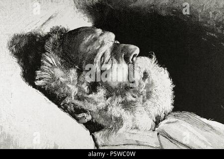 Victor Hugo (1802-1885). Französischer Dichter, Romancier und Dramatiker der romantischen Bewegung. Victor Hugo nach seinem Tod. Kupferstich von H. Thiriat. Der iberischen Abbildung, 1885. Stockfoto