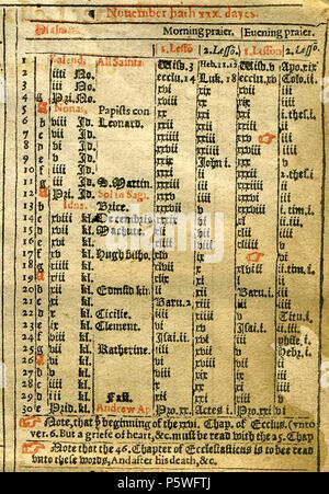 N/A. Kirche Kalender für den Monat November, aus einem Buch des gemeinsamen Gebets 1614 datiert. 1614. Unbekannt: Scan 2008 von Steven J Plunkett 18 1614 Prayerbook November Kalender Stockfoto