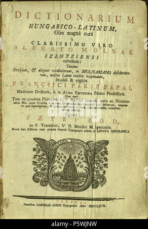 447 Dictionarium Hungarico-Latinum, Olim magnâ Momentan werden à clarissimo Viro Stockfoto