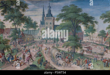 N/A. Englisch: Dorf Kirmes, von Hans Bol (ca 1582). Tempera auf Pergament, 14 x 21 cm. Das Bild zeigt den Glockenturm und die Kirche von Bailleul (Belle) Jetzt in der Gemäldegalerie Alte Meister, Dresden (Gal.-Nr. 823). . 17. August 2015. N/A 467 Dorpskermis Hans Bol Stockfoto