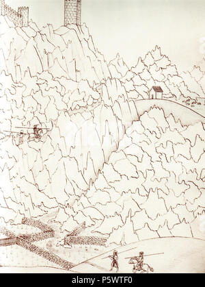 N/A. Englisch: Detail einer Zeichnung von Duarte D'Armas, die ihn und seine Helfer nach oben klettern, um das Dorf von Monsanto, in Portugal. Aus dem Livro das fortalezas (Buch der Festungen), 1510. Zwischen 1509 und 1510. Duarte D'Armas 482 DuarteD Armas-Monsanto 1. Stockfoto