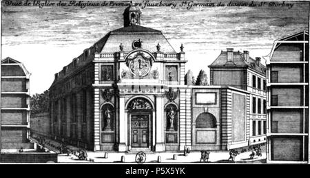 N/A. Englisch: Ansicht der Prämonstratenser Kirche zwischen der Rue de Sèvres und der Rue du Cherche-Midi in der Faubourg Saint-Germain, wie der 1661 von François d'Orbay ausgelegt (1719 abgerissen). Die Arme der Anna von Österreich, der die Arbeit in Auftrag gegeben wurde, und der bas-relief der Dachboden (die Eucharistie, die von den Engeln durchgeführt) wurden von Étienne Le Hongre modelliert (siehe Hautecoeur, Histoire de l'architecture Classique en France, 1948, Bd. 2, S. 121). 17. Jahrhundert. Architekt: François d'Orbay (1634-1697) Alternative Namen François d'Orbay François II d'Orbay François Dorbay Beschreibung Französisch d Stockfoto