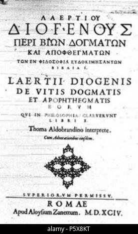 N/A. Español: Portada de La primera edición del Libro en 1792 Español: Portada de La primera edición del Libro en 1792. 1792. Portada de La primera edición del Libro en 1792 455 Diogenes 1792 Laercio Stockfoto