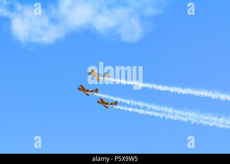 Yak 52 Flugzeug aus dem Team Iacarii Acrobati eine Demonstration Flug in Timisoara Airshow durchführen Stockfoto