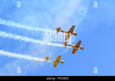 Yak 52 Flugzeug aus dem Team Iacarii Acrobati eine Demonstration Flug in Timisoara Airshow durchführen Stockfoto