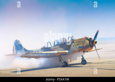 Yak 52 Flugzeug aus dem Team Iacarii Acrobati eine Demonstration Flug in Timisoara Airshow durchführen Stockfoto