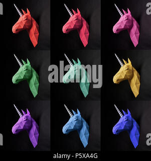 Collage aus 9 bunten Papier Einhorn Köpfe. Ursprüngliche geometrische Form. Blau, Gelb, Rosa, Grün, Violett, Rot. Innovative interior design Details. Gerade Linien, helle, gesättigte Farben Stockfoto