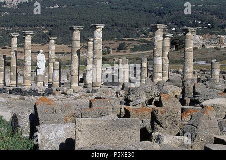 Basilika CONSTRUIDA ENTRE LOS AÑOS 50 Y 70 DC-ESTATUA DE TRAJANO SIGLO II DC-LADO SUR DEL FORO. Lage: BAELO CLAUDIA/ENSENADA DE BOLONIA, Tarifa. Stockfoto