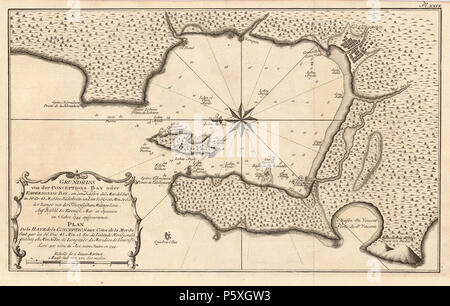 N/A. Englisch: Plan des "Conception Bay" in der Nähe von port St. Vincent. Auf der Karte wir Details wie Tiefe im Meer, Sand Banken finden, Anker, Orte, etc. Detaillierte und interessante Karte von Bellin graviert nach früheren Reisen. Français: Plan de la Baye de la Konzeption aux Cotes de la Merdu Sud. par les 36. Die DEG. 43. Min, 15 Sec.de Latutde Meridionale 303 deg. 18 Min. 30 Sek.: de Longitude Le Meridien de Teneriffe. Leve, par ordre du Roi notre Maitre en 1744 - Echelle de 2. lieues Marines. 1744. Jacques-Nicolas Bellin (1703-1772) Alternative Namen Jacques Nicolas, Sieur Bellin; Jacques Nicolas Stockfoto