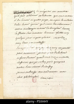 N/A. Englisch: Voltaires Handschrift mit seinem berühmten Satz "Ecrasez l'Linfâme', unten. Das Thema der Schrift ist die Affäre Jean Calas. 28. September 1763. Voltaire (1694 - 1778) Alternative Namen François-Marie Arouet Beschreibung der französische Philosoph, Dichter, Historiker, Essayist, Dramatiker und autobiographer Datum der Geburt / Tod am 21. November 1694 vom 30. Mai 1778 Ort der Geburt / Todes Paris Paris des 18. Jahrhunderts Authority control: Q9068VIAF: 36925746 ISNI: 0000 0001 2128 0652 ULAN: 500354532 80126267 LCCN: n NLA: 35153427 WorldCat 492 Ecrazer-l-infame-1 Stockfoto