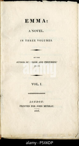 N/A. Titelblatt der ersten Ausgabe von Jane Austens Emma. 1816. Jane Austen (1775 - 1817) Beschreibung British-English Schriftsteller, Short story writer und Romancier Geburtsdatum / Tod 16. Dezember 1775 vom 18. Juli 1817 Ort der Geburt / Todes Steventon Winchester Authority control: Q 36322 VIAF: 102333412 ISNI: 0000 0001 2283 635 X ULAN: 500249665 79032879 LCCN: n NLA: 35010277 WorldCat 508 EmmaTitlePage Stockfoto