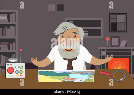 Professor - Historiker im Büro. Time Machine auf dem Tisch. Animierte Charakter. Stockfoto