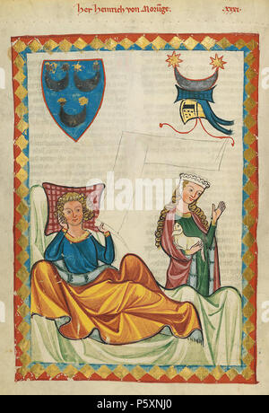 N/A. Deutsch: Codex Manesse, UB Heidelberg, Cod. Pal. germ. 848, fol. 76 v: Herr Heinrich von morungen. zwischen 1305 und 1315. Meister des Codex Manesse (Grundstockmaler) Beschreibung Deutsche Maler Arbeit Periode C. 1305 - 1340 (Codex Manesse) 363 076 v Heinrich von morungen Stockfoto