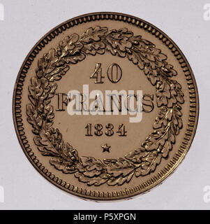 N/A. Français: Pièce belge de 40 Francs de 1834 (Léopold Ier-tête laurée) Revers (Essai) Nederlands: Belgische Munt van 40 Frank van 1834 (Leopold I-gelauwerde hoofd) - keerzijde (Ontwerp) Englisch: Belgische Münze von 40 Franken von 1834 (Leopold I-laureled Kopf) - Rückwärts (Muster) Deutsch: Belgische 40 Franc Münze aus dem Jahr 1834 (Leopold I-mit Lorbeer) - Rückseite (Entwurf). 1834. Joseph-Pierre Braemt (1796 - 1864) Beschreibung der Belgischen Kupferstecher und Medaille Graveur Geburtsdatum / Tod 1796 1864 Ort der Geburt / Todes Gent Brüssel arbeiten Zeitraum 19. Jahrhundert Arbeitsort Brux Stockfoto