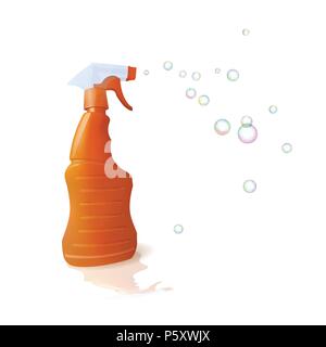 Orangefarbener Zimmermädchen mit Waschmittel. Seifenblase. Reinigung und Desinfektion. Vektorabbildung. Stock Vektor