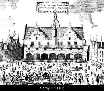 N/A. Englisch: Kopenhagener Rathaus (1479-1728 = Nach dem dedesign in 1608-10 vom Nytorv (Hinten, Vorne Gammeltorv konfrontiert). 1672. Peder Hansen Resen (1625-1688) 377 Kopenhagener Rathaus (1479-1728) von Nytorv Stockfoto