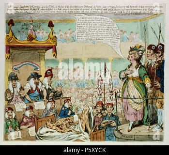 N/A. Deutsch: Das heroische Charlotte la Cordé, auf ihren Versuch, ... /Js. Gy., Desn. et fect. Der Innenraum des revolutionären Gericht voll mit Zahlen. Charlotte Corday (rechts) an der Bar steht, einen erhöhten kreisrunden Stein Plattform, ihre Handgelenke durch eine Kette verbunden, ihre Richter Adressierung (links), die Hören mit Alarm, wie die Zuschauer und die beiden ruffians Holding Spears, die hinter ihr stehen.... 1 Drucken: Gravur, Farbe. [England]: 29. Juli 1793 von H. Humphrey, Nr. 18 Old Bond Street, 1793 veröffentlicht. Français: "L'héroïque Charlotte la Cordé, Durant Sohn Protokoll ..." Charlotte Corday (à-dr Stockfoto