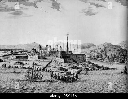 N/A. Englisch: Blick auf Elmina Castle in 1668, mit europäischen Versand im Vordergrund und afrikanischen Häusern/Stadt in der linken Ecke und in verschiedenen Bereichen rund um das Fort. Español: Vista del Castillo de Elmina en 1668 con navíos europeos en primer plano; también se observan Casas y Pueblos africanos, en La Esquina izquierda de la Imagen, y en diversas áreas alrededor del Fuerte. 1668. Diese Datei fehlt, Informationen zum Autor. 506 ElminaCastle 1668 Stockfoto